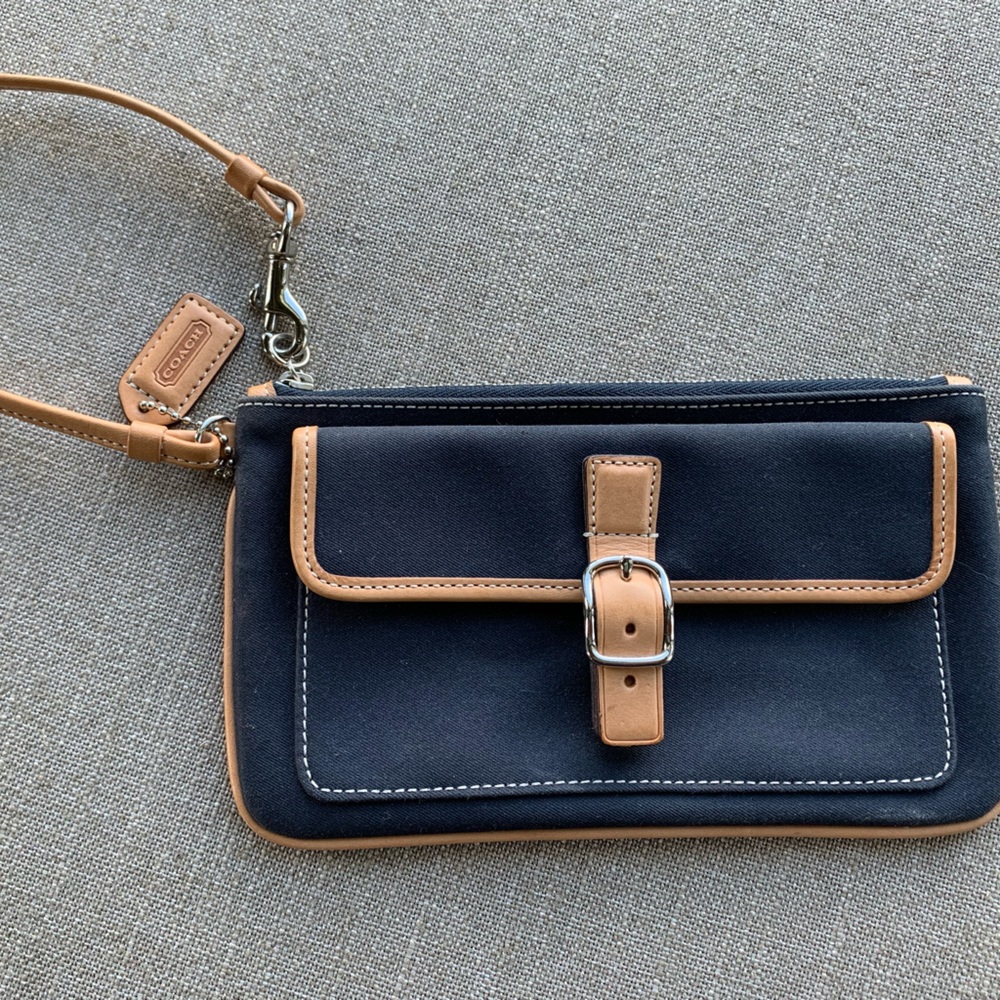 Coach Wristlet in Navy with Natural Leather Piping